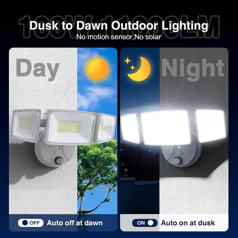 Onforu 100w Dusk to Dawn Outdoor Lighting,11000LM Led Outdoor Light from Dusk Till Dawn,Super Bright Flood Light,IP66 Waterproof Exterior Security White Light Fixture,3 Heads Photocell for Garage,Yard - Image 3